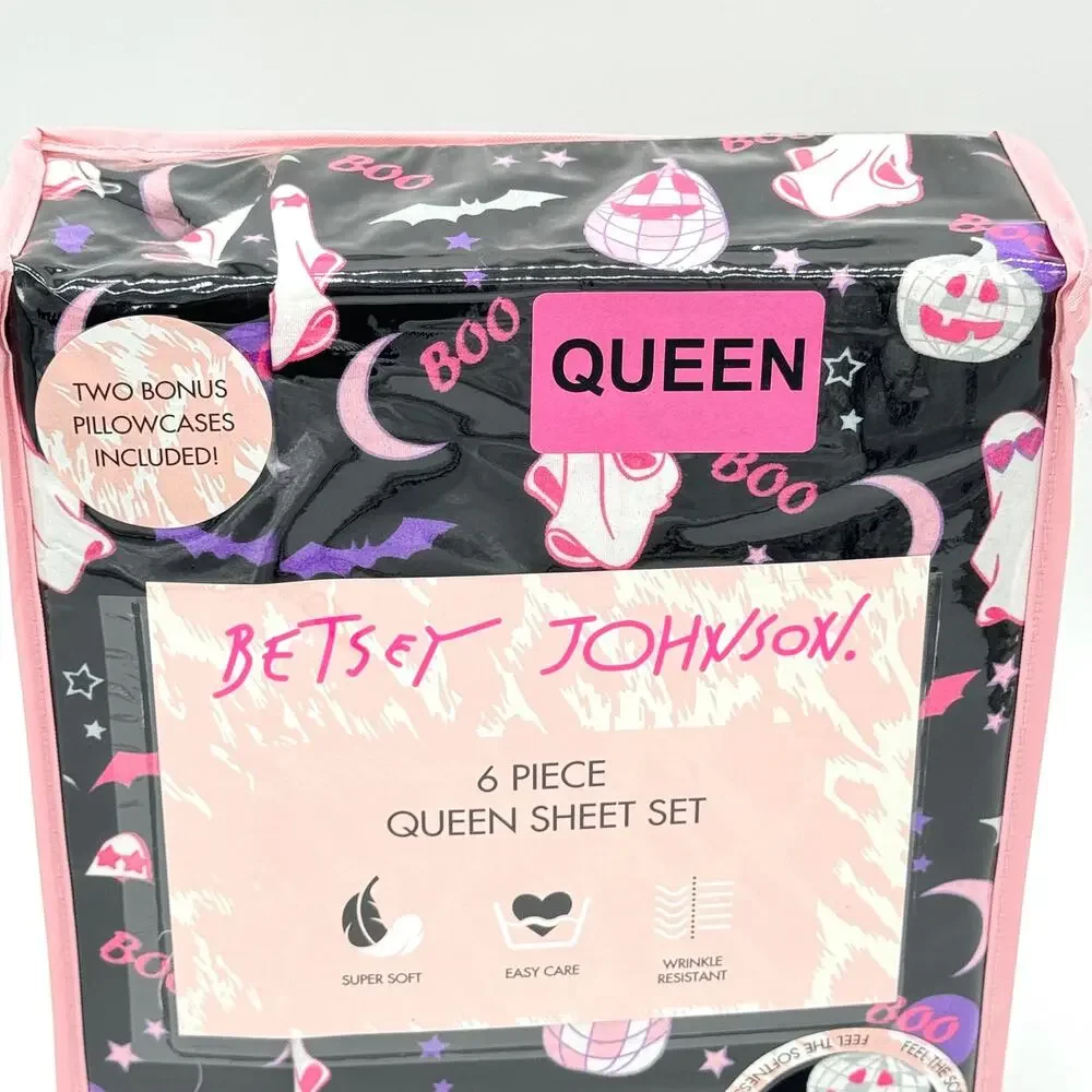 Betsey Johnson Boo Party QUEEN Sheet Set Ghosts Disco Pumpkins Bats Pink Black